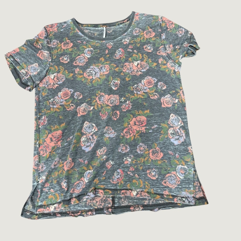 Free People We The Free Gray Floral Slub Knit Short Sleeve T-Shirt Small